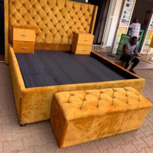 6x6 Contemporary Modern King Size Luxury Bed, Bedside tables with storage ottoman